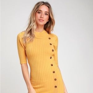 Golden Ribbed V-Neck Midi Dress